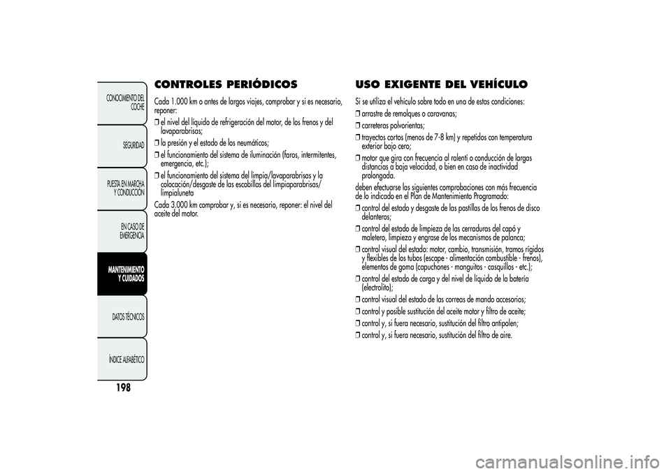 Alfa Romeo MiTo 2013  Manual de Empleo y Cuidado (in Spanish) CONTROLES PERIÓDICOSCada 1.000 km o antes de largos viajes, comprobar y si es necesario,
reponer:
❒el nivel del líquido de refrigeración del motor, de los frenos y del
lavaparabrisas;
❒la presi