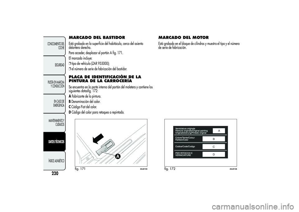 Alfa Romeo MiTo 2013  Manual de Empleo y Cuidado (in Spanish) MARCADO DEL BASTIDOREstá grabado en la superficie del habitáculo, cerca del asiento
delantero derecho.
Para acceder, desplazar el portón A fig. 171.
El marcado incluye:
❒tipo de vehículo (ZAR 95