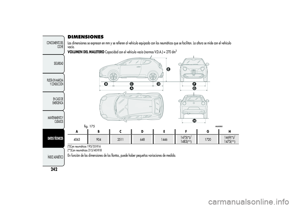 Alfa Romeo MiTo 2013  Manual de Empleo y Cuidado (in Spanish) DIMENSIONESLas dimensiones se expresan en mm y se refieren al vehículo equipado con los neumáticos que se facilitan. La altura se mide con el vehículo
vacío.
VOLUMEN DEL MALETEROCapacidad con el v