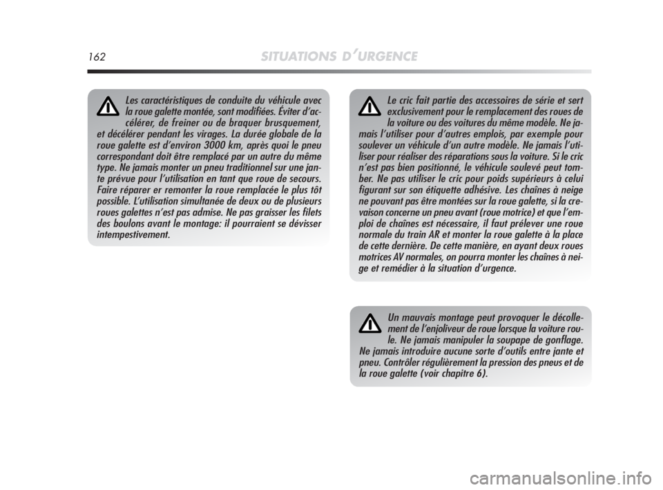 Alfa Romeo MiTo 2008  Notice dentretien (in French) 162SITUATIONS D’URGENCE
Le cric fait partie des accessoires de série et sert
exclusivement pour le remplacement des roues de
la voiture ou des voitures du même modèle. Ne ja-
mais l’utiliser po