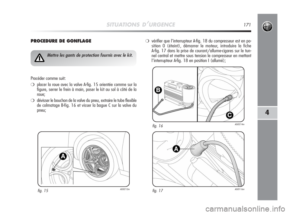 Alfa Romeo MiTo 2008  Notice dentretien (in French) SITUATIONS D’URGENCE171
4
PROCEDURE DE GONFLAGE
fig. 15A0J0213m
Mettre les gants de protection fournis avec le kit.
Procéder comme suit:
❍placer la roue avec la valve A-fig. 15 orientée comme su