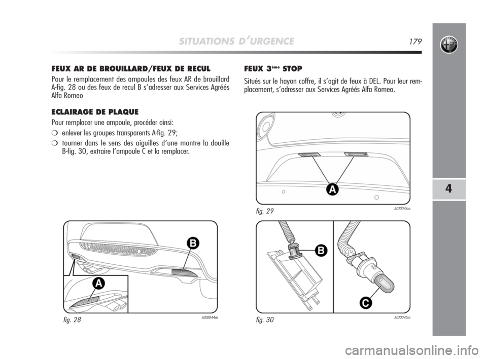 Alfa Romeo MiTo 2008  Notice dentretien (in French) SITUATIONS D’URGENCE179
4
FEUX AR DE BROUILLARD/FEUX DE RECUL
Pour le remplacement des ampoules des feux AR de brouillard 
A-fig. 28 ou des feux de recul B s’adresser aux Services Agréés
Alfa Ro