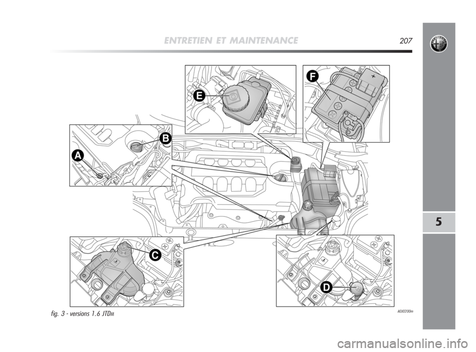 Alfa Romeo MiTo 2008  Notice dentretien (in French) ENTRETIEN ET MAINTENANCE207
5
A0J0200mfig. 3 - versions 1.6 JTDM
197-220 Alfa MiTo FR  11-06-2008  9:56  Pagina 207 