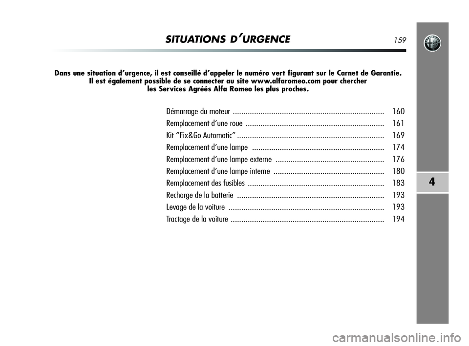 Alfa Romeo MiTo 2009 Notice dentretien (in French) SITUATIONS D’URGENCE159
4
Dans une situation d’urgence, il est conseillé d’appeler le numéro vert figurant sur le Carnet de Garantie.
Il est également possible de se connecter au site www.al Alfa Romeo MiTo 2009 Notice dentretien (in French) SITUATIONS D’URGENCE159
4
Dans une situation d’urgence, il est conseillé d’appeler le numéro vert figurant sur le Carnet de Garantie.
Il est également possible de se connecter au site www.al