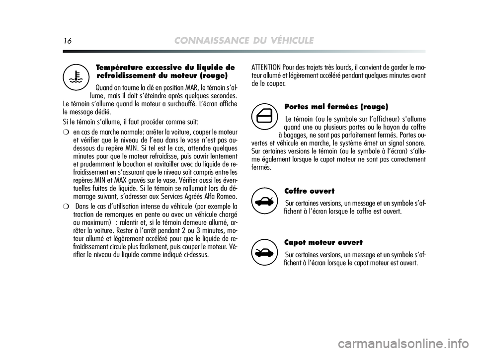 Alfa Romeo MiTo 2009 Notice dentretien (in French) 16CONNAISSANCE DU VÉHICULE
ATTENTION Pour des trajets très lourds, il convient de garder le mo-
teur allumé et légèrement accéléré pendant quelques minutes avant
de le couper.Température exce Alfa Romeo MiTo 2009 Notice dentretien (in French) 16CONNAISSANCE DU VÉHICULE
ATTENTION Pour des trajets très lourds, il convient de garder le mo-
teur allumé et légèrement accéléré pendant quelques minutes avant
de le couper.Température exce