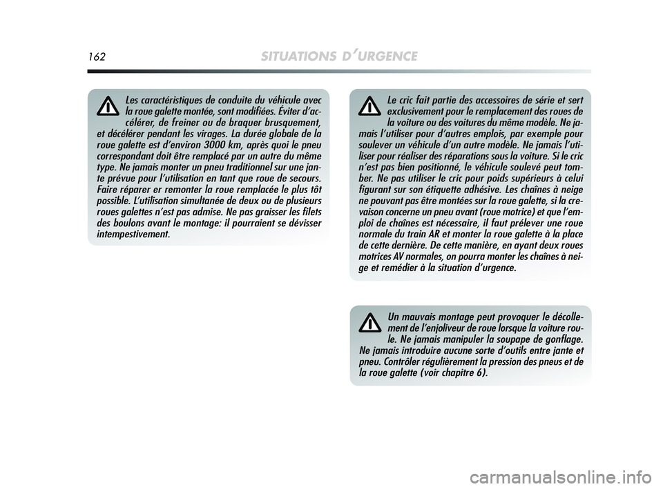 Alfa Romeo MiTo 2009 Notice dentretien (in French) 162SITUATIONS D’URGENCE
Le cric fait partie des accessoires de série et sert
exclusivement pour le remplacement des roues de
la voiture ou des voitures du même modèle. Ne ja-
mais l’utiliser po Alfa Romeo MiTo 2009 Notice dentretien (in French) 162SITUATIONS D’URGENCE
Le cric fait partie des accessoires de série et sert
exclusivement pour le remplacement des roues de
la voiture ou des voitures du même modèle. Ne ja-
mais l’utiliser po