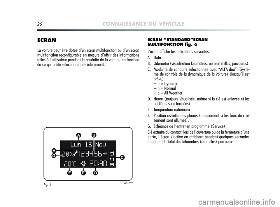 Alfa Romeo MiTo 2009 Notice dentretien (in French) 26CONNAISSANCE DU VÉHICULE
ECRAN
La voiture peut être dotée d’un écran multifonction ou d’un écran
multifonction reconfigurable en mesure d’offrir des informations
utiles à l’utilisateur Alfa Romeo MiTo 2009 Notice dentretien (in French) 26CONNAISSANCE DU VÉHICULE
ECRAN
La voiture peut être dotée d’un écran multifonction ou d’un écran
multifonction reconfigurable en mesure d’offrir des informations
utiles à l’utilisateur