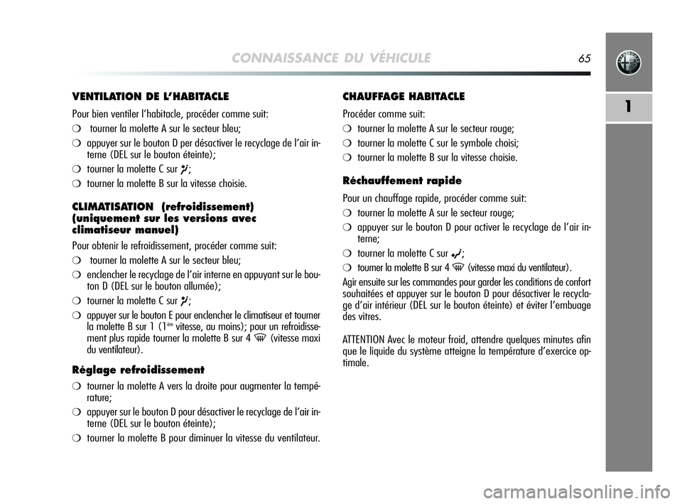 Alfa Romeo MiTo 2009 Notice dentretien (in French) CONNAISSANCE DU VÉHICULE65
1
VENTILATION DE L’HABITACLE
Pour bien ventiler l’habitacle, procéder comme suit:
❍tourner la molette A sur le secteur bleu;
❍appuyer sur le bouton D per désactiv Alfa Romeo MiTo 2009 Notice dentretien (in French) CONNAISSANCE DU VÉHICULE65
1
VENTILATION DE L’HABITACLE
Pour bien ventiler l’habitacle, procéder comme suit:
❍tourner la molette A sur le secteur bleu;
❍appuyer sur le bouton D per désactiv