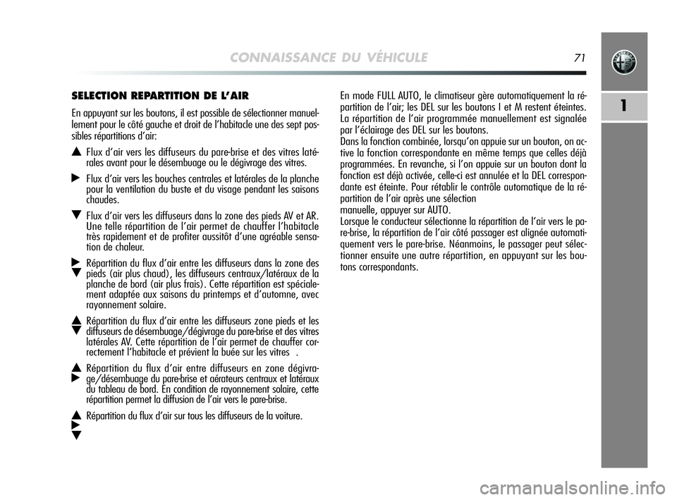 Alfa Romeo MiTo 2009 Notice dentretien (in French) CONNAISSANCE DU VÉHICULE71
1
En mode FULL AUTO, le climatiseur gère automatiquement la ré-
partition de l’air; les DEL sur les boutons I et M restent éteintes.
La répartition de l’air program Alfa Romeo MiTo 2009 Notice dentretien (in French) CONNAISSANCE DU VÉHICULE71
1
En mode FULL AUTO, le climatiseur gère automatiquement la ré-
partition de l’air; les DEL sur les boutons I et M restent éteintes.
La répartition de l’air program