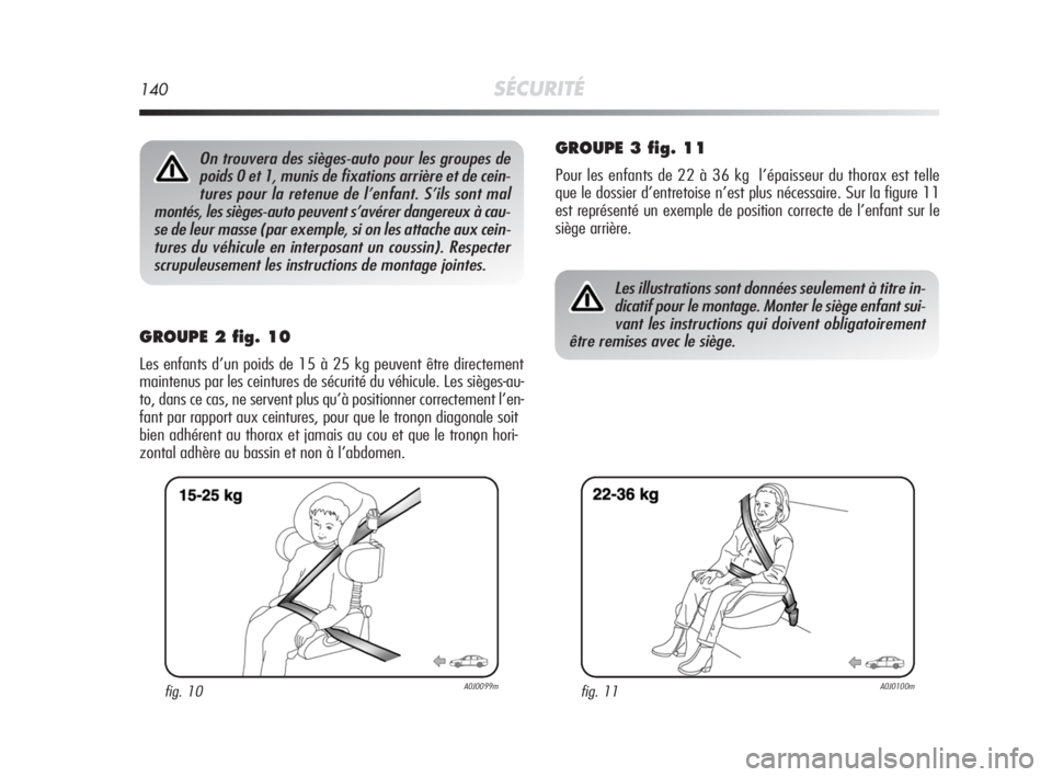 Alfa Romeo MiTo 2010  Notice dentretien (in French) 140SÉCURITÉ
GROUPE 2 fig. 10
Les enfants d’un poids de 15 à 25 kg peuvent être directement
maintenus par les ceintures de sécurité du véhicule. Les sièges-au-
to, dans ce cas, ne servent plu