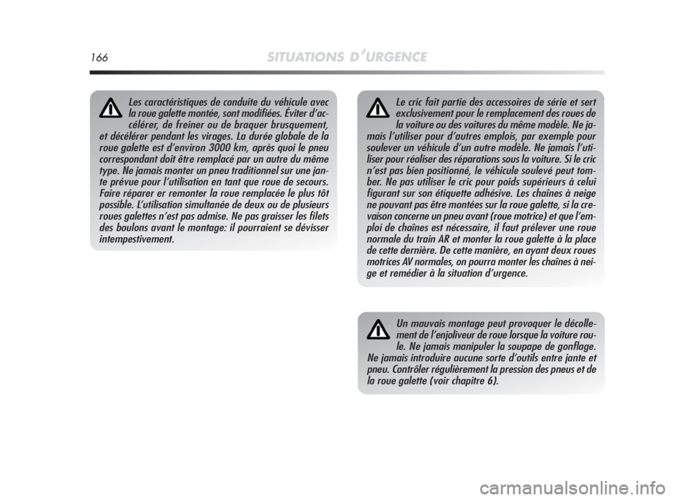 Alfa Romeo MiTo 2010  Notice dentretien (in French) 166SITUATIONS D’URGENCE
Le cric fait partie des accessoires de série et sert
exclusivement pour le remplacement des roues de
la voiture ou des voitures du même modèle. Ne ja-
mais l’utiliser po