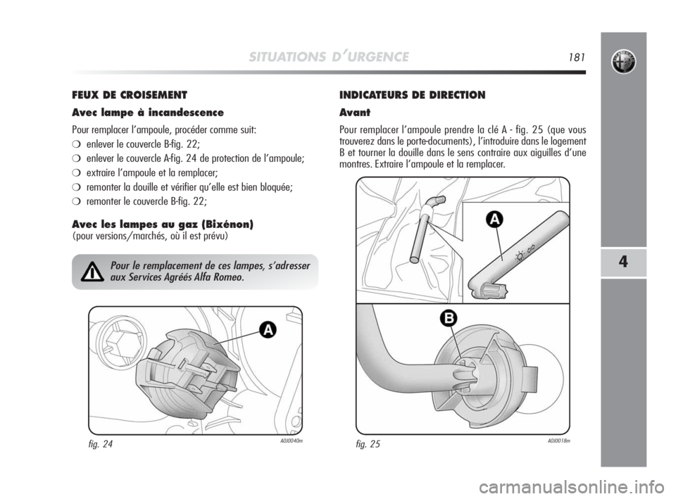 Alfa Romeo MiTo 2010  Notice dentretien (in French) SITUATIONS D’URGENCE181
4
FEUX DE CROISEMENT
Avec lampe à incandescence
Pour remplacer l’ampoule, procéder comme suit:
❍enlever le couvercle B-fig. 22;
❍enlever le couvercle A-fig. 24 de pro