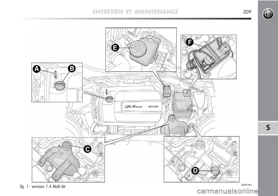 Alfa Romeo MiTo 2012  Notice dentretien (in French) ENTRETIEN ET MAINTENANCE209
5
A0J0258mfig. 1 - versions 1.4 Multi Air 