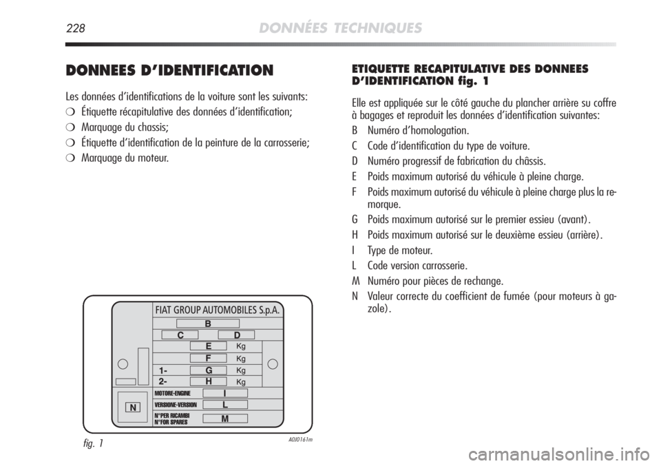 Alfa Romeo MiTo 2012  Notice dentretien (in French) 228DONNÉES TECHNIQUES
DONNEES D’IDENTIFICATION
Les données d’identifications de la voiture sont les suivants:
❍Étiquette récapitulative des données d’identification;
❍Marquage du chassi