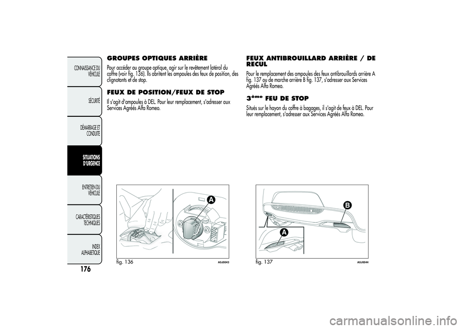 Alfa Romeo MiTo 2013  Notice dentretien (in French) GROUPES OPTIQUES ARRIÈREPour accéder au groupe optique, agir sur le revêtement latéral du
coffre (voir fig. 136). Ils abritent les ampoules des feux de position, des
clignotants et de stop.FEUX DE