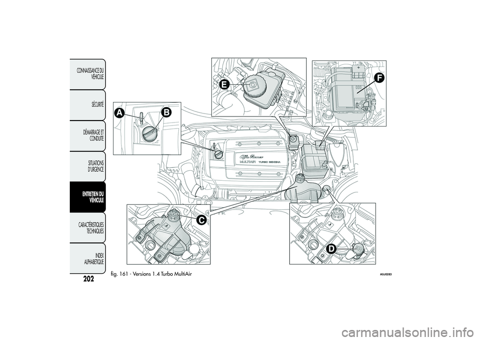 Alfa Romeo MiTo 2013  Notice dentretien (in French) fig. 161 - Versions 1.4 Turbo MultiAir
A0J0283
202
CONNAISSANCE DU
VÉHICULE
SÉCURITÉ
DÉMARRAGE ET
CONDUITE
SITUATIONS
D’URGENCEENTRETIEN DU
VÉHICULECARACTÉRISTIQUES
TECHNIQUES
INDEX
ALPHABETIQ