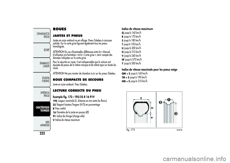 Alfa Romeo MiTo 2013 Notice dentretien (in French) ROUESJANTES ET PNEUSJantes en acier embouti ou en alliage. Pneus Tubeless à carcasse
radiale. Sur la carte grise figurent également tous les pneus
homologués.
ATTENTION En cas d'éventuelles di Alfa Romeo MiTo 2013 Notice dentretien (in French) ROUESJANTES ET PNEUSJantes en acier embouti ou en alliage. Pneus Tubeless à carcasse
radiale. Sur la carte grise figurent également tous les pneus
homologués.
ATTENTION En cas d'éventuelles di