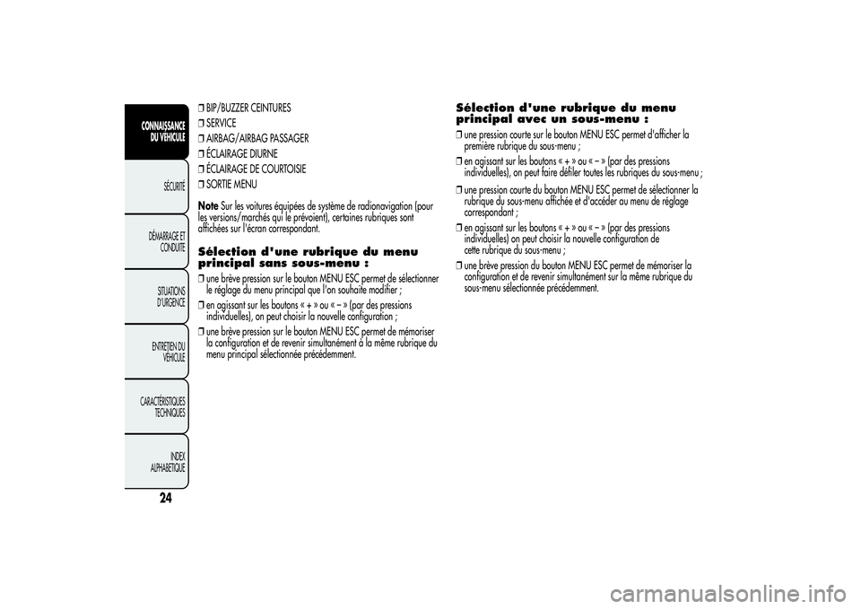 Alfa Romeo MiTo 2013 Notice dentretien (in French) ❒BIP/BUZZER CEINTURES
❒SERVICE
❒AIRBAG/AIRBAG PASSAGER
❒ÉCLAIRAGE DIURNE
❒ÉCLAIRAGE DE COURTOISIE
❒SORTIE MENU
NoteSur les voitures équipées de système de radionavigation (pour
les ve Alfa Romeo MiTo 2013 Notice dentretien (in French) ❒BIP/BUZZER CEINTURES
❒SERVICE
❒AIRBAG/AIRBAG PASSAGER
❒ÉCLAIRAGE DIURNE
❒ÉCLAIRAGE DE COURTOISIE
❒SORTIE MENU
NoteSur les voitures équipées de système de radionavigation (pour
les ve
