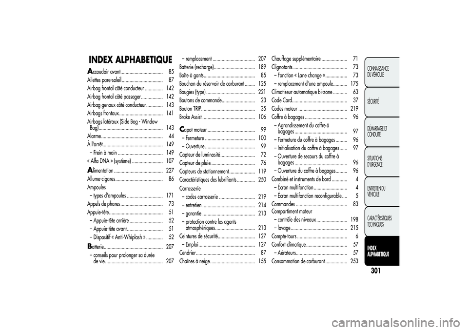 Alfa Romeo MiTo 2013 Notice dentretien (in French) INDEX ALPHABETIQUEA
ccoudoir avant................................. 85
Ailettes pare-soleil ................................ 87
Airbag frontal côté conducteur .............. 142
Airbag frontal côt Alfa Romeo MiTo 2013 Notice dentretien (in French) INDEX ALPHABETIQUEA
ccoudoir avant................................. 85
Ailettes pare-soleil ................................ 87
Airbag frontal côté conducteur .............. 142
Airbag frontal côt