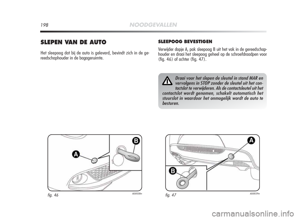 Alfa Romeo MiTo 2010  Instructieboek (in Dutch) 198NOODGEVALLEN
SLEPEN VAN DE AUTO
Het sleepoog dat bij de auto is geleverd, bevindt zich in de ge-
reedschaphouder in de bagageruimte.
SLEEPOOG BEVESTIGEN
Verwijder dopje A, pak sleepoog B uit het va