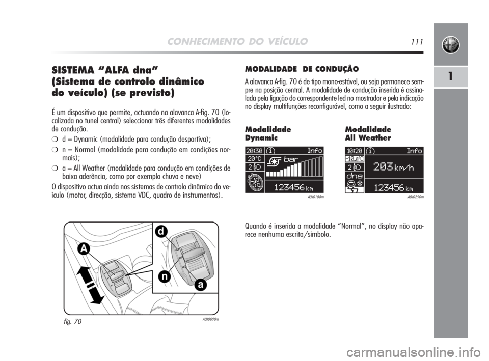 Alfa Romeo MiTo 2008  Manual de Uso e Manutenção (in Portuguese) CONHECIMENTO DO VEÍCULO111
1SISTEMA “ALFA dna”
(Sistema de controlo dinâmico 
do veículo) (se previsto)
É um dispositivo que permite, actuando na alavanca A-fig. 70 (lo-
calizada no tunel cent