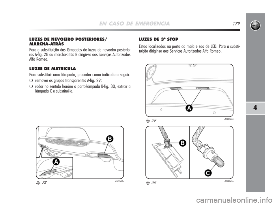 Alfa Romeo MiTo 2008  Manual de Uso e Manutenção (in Portuguese) EN CASO DE EMERGENCIA179
4
LUZES DE NEVOEIRO POSTERIORES/
MARCHA-ATRÁS
Para a substituição das lâmpadas de luzes de nevoeiro posterio-
res A-fig. 28 ou marcha-atrás B dirigir-se aos Serviços Aut