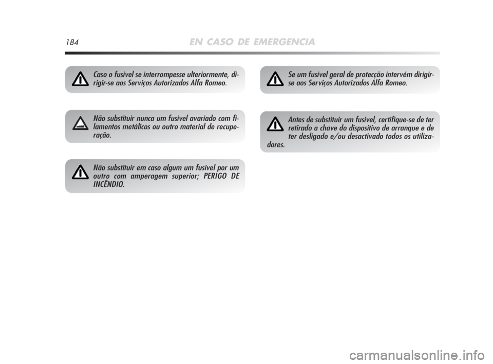 Alfa Romeo MiTo 2008  Manual de Uso e Manutenção (in Portuguese) 184EN CASO DE EMERGENCIA
Caso o fusivel se interrompesse ulteriormente, di-
rigir-se aos Serviços Autorizados Alfa Romeo.
Não substituir nunca um fusivel avariado com fi-
lamentos metálicos ou outr