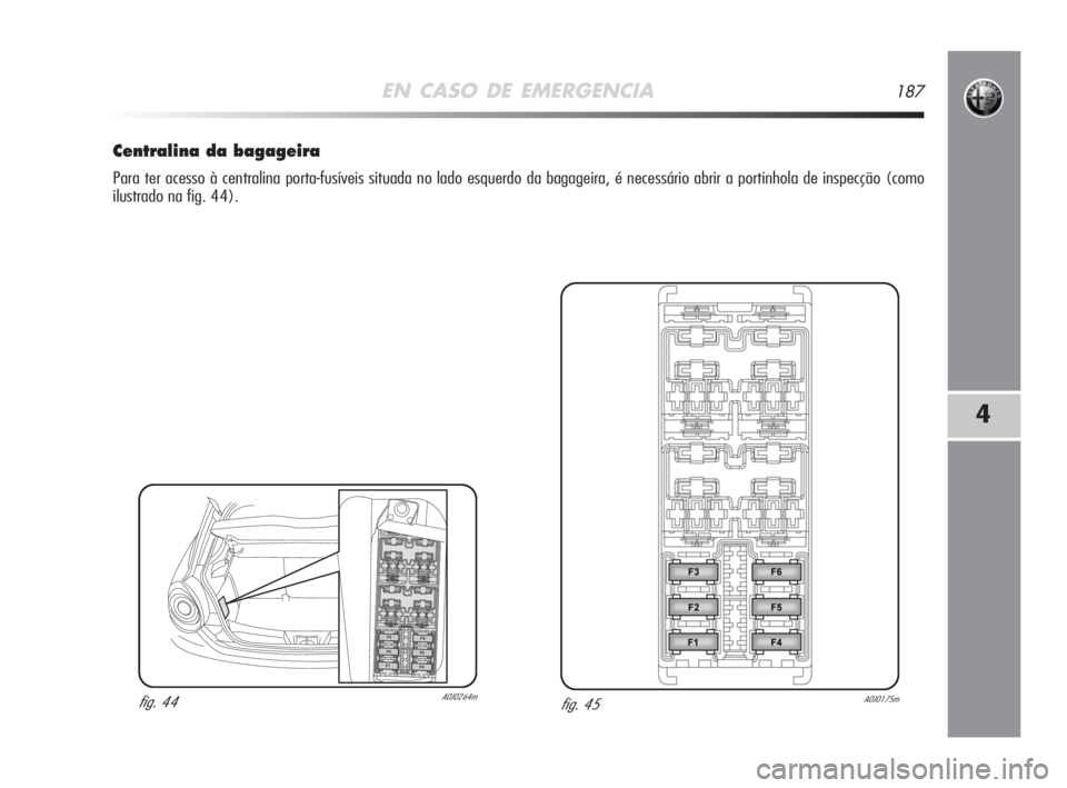 Alfa Romeo MiTo 2008  Manual de Uso e Manutenção (in Portuguese) EN CASO DE EMERGENCIA187
4
Centralina da bagageira
Para ter acesso à centralina porta-fusíveis situada no lado esquerdo da bagageira, é necessário abrir a portinhola de inspecção (como
ilustrado