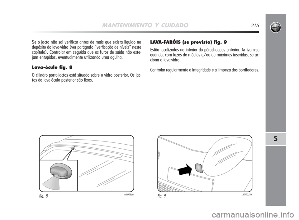 Alfa Romeo MiTo 2008  Manual de Uso e Manutenção (in Portuguese) MANTENIMIENTO Y CUIDADO215
5
Se o jacto não sai verificar antes de mais que exista liquido no
depósito do lava-vidro (ver parágrafo “verficação de níveis” neste
capítulo). Controlar em segu