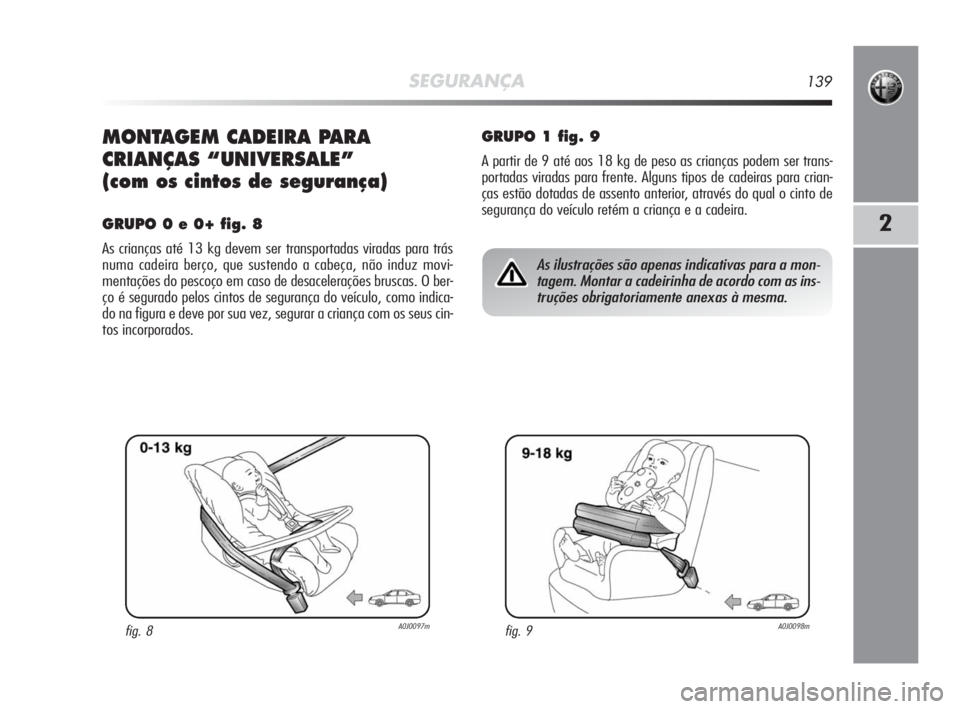 Alfa Romeo MiTo 2010  Manual de Uso e Manutenção (in Portuguese) SEGURANÇA139
2
MONTAGEM CADEIRA PARA
CRIANÇAS “UNIVERSALE” 
(com os cintos de segurança)
GRUPO 0 e 0+ fig. 8
As crianças até 13 kg devem ser transportadas viradas para trás
numa cadeira ber