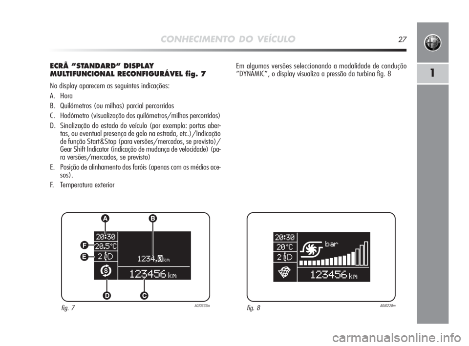 Alfa Romeo MiTo 2010  Manual de Uso e Manutenção (in Portuguese) CONHECIMENTO DO VEÍCULO27
1
ECRÃ “STANDARD” DISPLAY
MULTIFUNCIONAL RECONFIGURÁVEL fig. 7
No display aparecem as seguintes indicações:
A. Hora
B. Quilómetros (ou milhas) parcial percorridos
C