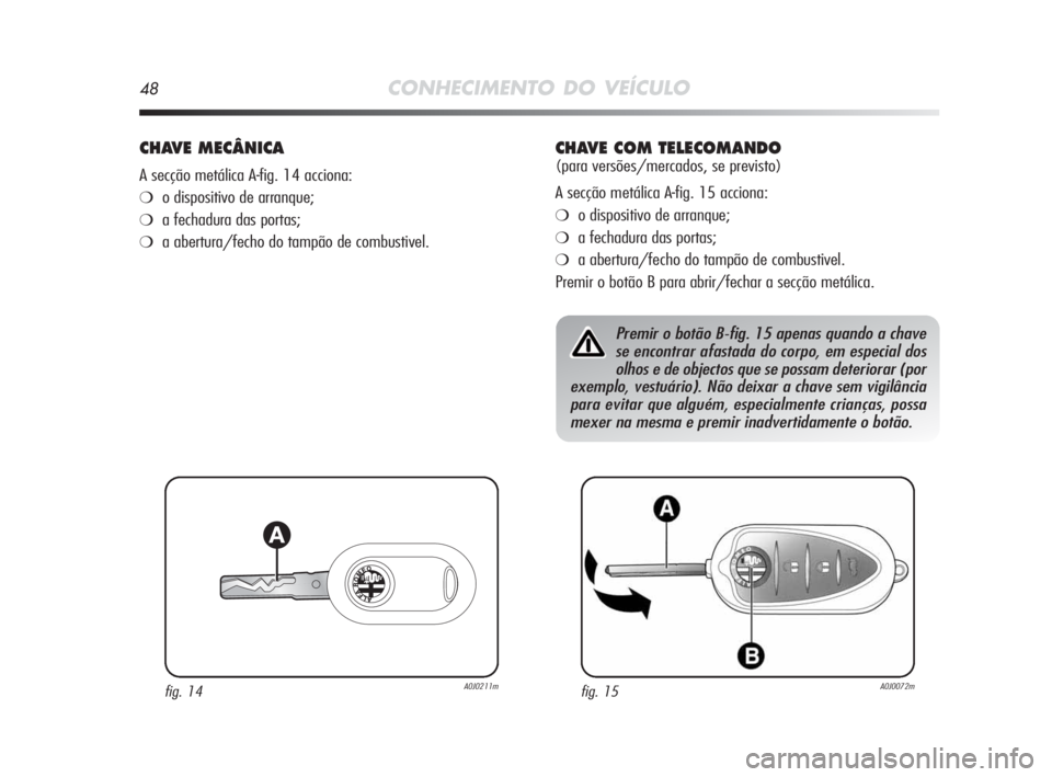 Alfa Romeo MiTo 2010  Manual de Uso e Manutenção (in Portuguese) 48CONHECIMENTO DO VEÍCULO
CHAVE MECÂNICA
A secção metálica A-fig. 14 acciona:
❍o dispositivo de arranque;
❍a fechadura das portas;
❍a abertura/fecho do tampão de combustivel.
fig. 14A0J021