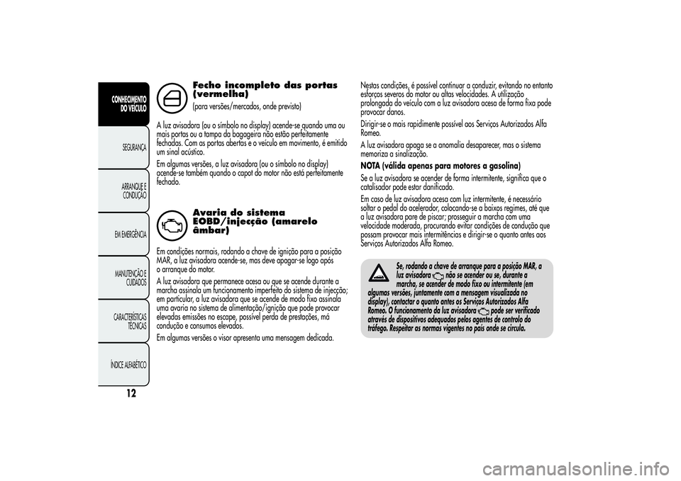Alfa Romeo MiTo 2013 Manual de Uso e Manutenção (in Portuguese) Fecho incompleto das portas
(vermelha)(para versões/mercados, onde previsto)
A luz avisadora (ou o símbolo no display) acende-se quando uma ou
mais portas ou a tampa da bagageira não estão perfeit Alfa Romeo MiTo 2013 Manual de Uso e Manutenção (in Portuguese) Fecho incompleto das portas
(vermelha)(para versões/mercados, onde previsto)
A luz avisadora (ou o símbolo no display) acende-se quando uma ou
mais portas ou a tampa da bagageira não estão perfeit