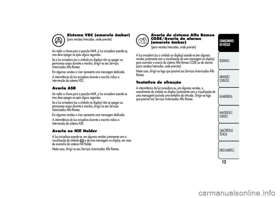Alfa Romeo MiTo 2013 Manual de Uso e Manutenção (in Portuguese) Sistema VDC (amarelo âmbar)(para versões/mercados, onde previsto)
Ao rodar a chave para a posição MAR, a luz avisadora acende-se,
mas deve apagar-se após alguns segundos.
Se a luz avisadora (ou o Alfa Romeo MiTo 2013 Manual de Uso e Manutenção (in Portuguese) Sistema VDC (amarelo âmbar)(para versões/mercados, onde previsto)
Ao rodar a chave para a posição MAR, a luz avisadora acende-se,
mas deve apagar-se após alguns segundos.
Se a luz avisadora (ou o