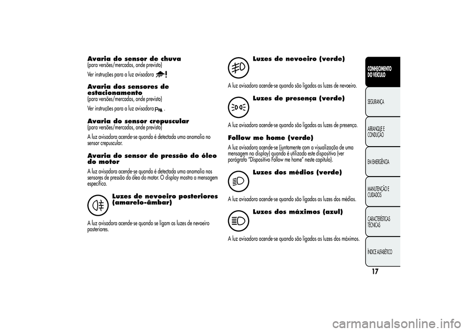 Alfa Romeo MiTo 2013 Manual de Uso e Manutenção (in Portuguese) Avaria do sensor de chuva(para versões/mercados, onde previsto)
Ver instruções para a luz avisadoraAvaria dos sensores de
estacionamento(para versões/mercados, onde previsto)
Ver instruções para Alfa Romeo MiTo 2013 Manual de Uso e Manutenção (in Portuguese) Avaria do sensor de chuva(para versões/mercados, onde previsto)
Ver instruções para a luz avisadoraAvaria dos sensores de
estacionamento(para versões/mercados, onde previsto)
Ver instruções para