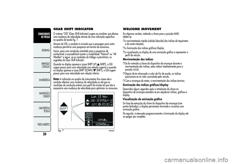 Alfa Romeo MiTo 2013 Manual de Uso e Manutenção (in Portuguese) GEAR SHIFT INDICATORO sistema “GSI” (Gear Shift Indicator) sugere ao condutor que efectue
uma mudança de velocidade através de uma indicação específica
no quadro de bordo fig. 7.
Através do Alfa Romeo MiTo 2013 Manual de Uso e Manutenção (in Portuguese) GEAR SHIFT INDICATORO sistema “GSI” (Gear Shift Indicator) sugere ao condutor que efectue
uma mudança de velocidade através de uma indicação específica
no quadro de bordo fig. 7.
Através do