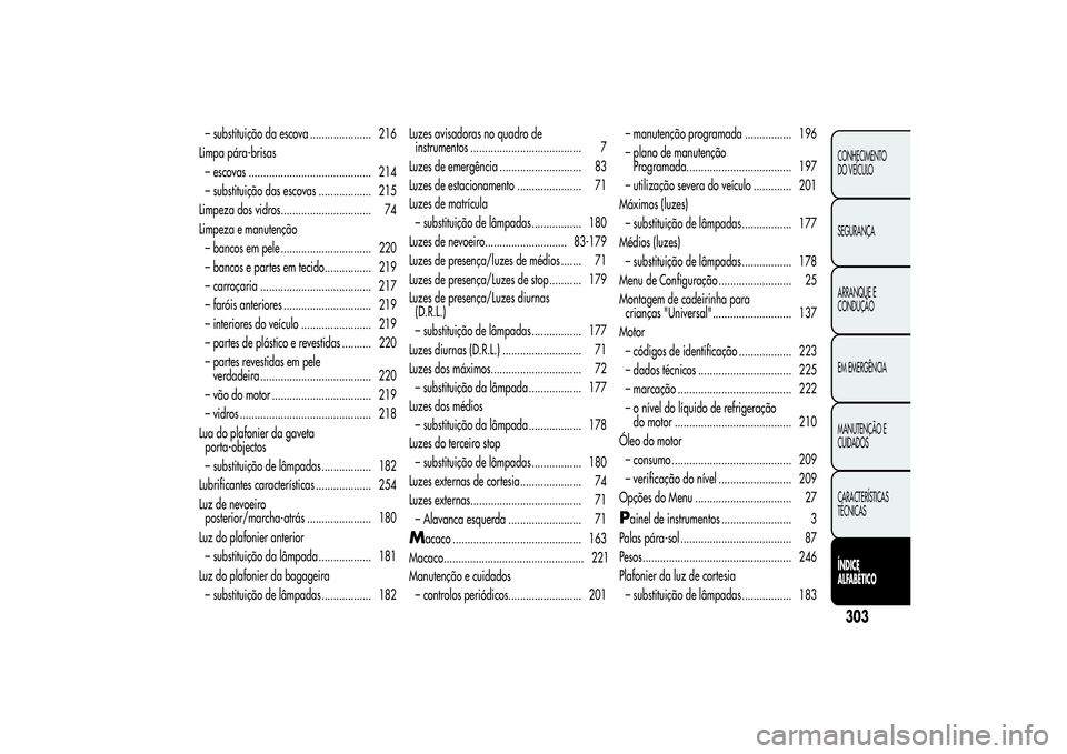 Alfa Romeo MiTo 2013 Manual de Uso e Manutenção (in Portuguese) – substituição da escova ..................... 216
Limpa pára-brisas
– escovas .......................................... 214
– substituição das escovas .................. 215
Limpeza dos v Alfa Romeo MiTo 2013 Manual de Uso e Manutenção (in Portuguese) – substituição da escova ..................... 216
Limpa pára-brisas
– escovas .......................................... 214
– substituição das escovas .................. 215
Limpeza dos v