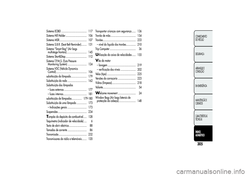 Alfa Romeo MiTo 2013 Manual de Uso e Manutenção (in Portuguese) Sistema EOBD ..................................... 117
Sistema Hill Holder ............................... 106
Sistema MSR........................................ 107
Sistema S.B.R. (Seat Belt Reminde Alfa Romeo MiTo 2013 Manual de Uso e Manutenção (in Portuguese) Sistema EOBD ..................................... 117
Sistema Hill Holder ............................... 106
Sistema MSR........................................ 107
Sistema S.B.R. (Seat Belt Reminde
