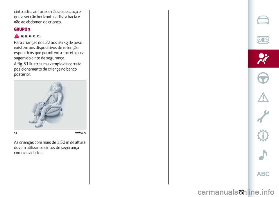 Alfa Romeo MiTo 2019  Manual de Uso e Manutenção (in Portuguese) cinto adira ao tórax e não ao pescoço e
que a secção horizontal adira à bacia e
não ao abdómen da criança.
GRUPO 3
68) 69) 70) 71) 72)
Para crianças dos 22 aos 36 kg de peso
existem uns disp