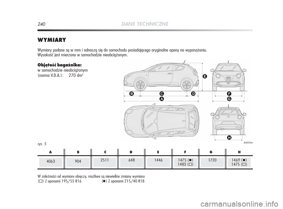 Alfa Romeo MiTo 2010  Instrukcja obsługi (in Polish) 240DANE TEC HNIC ZNE
rys. 5A0J0202m
WYMIARY
Wymiary podane są w mm i odnoszą się do samochodu posiadającego oryginalne opony na wyposażeniu. 
Wysokość jest mierzona w samochodzie nieobciążony