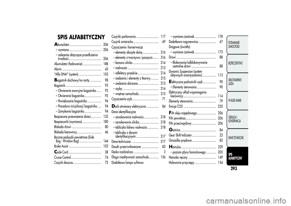 Alfa Romeo MiTo 2013  Instrukcja obsługi (in Polish) SPIS ALFABETYCZNYA
kumulator ........................................ 206
– wymiana ........................................ 206
– zalecenia dotyczące przedłużenia
trwałości..................
