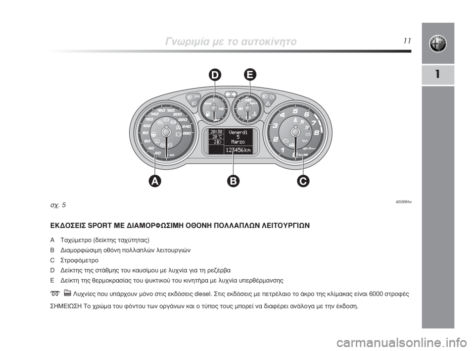 Alfa Romeo MiTo 2009  ΒΙΒΛΙΟ ΧΡΗΣΗΣ ΚΑΙ ΣΥΝΤΗΡΗΣΗΣ (in Greek) °ÓˆÚÈÌ›· ÌÂ ÙÔ ·˘ÙÔÎ›ÓËÙÔ11
1
AC
DE
B
∂∫¢√™∂π™ SPORT ª∂ ¢π∞ª√ƒºø™πª∏ √£√¡∏ ¶√§§∞¶§ø¡ §∂πΔ√Àƒ°πø¡
A Δ·¯‡Ì