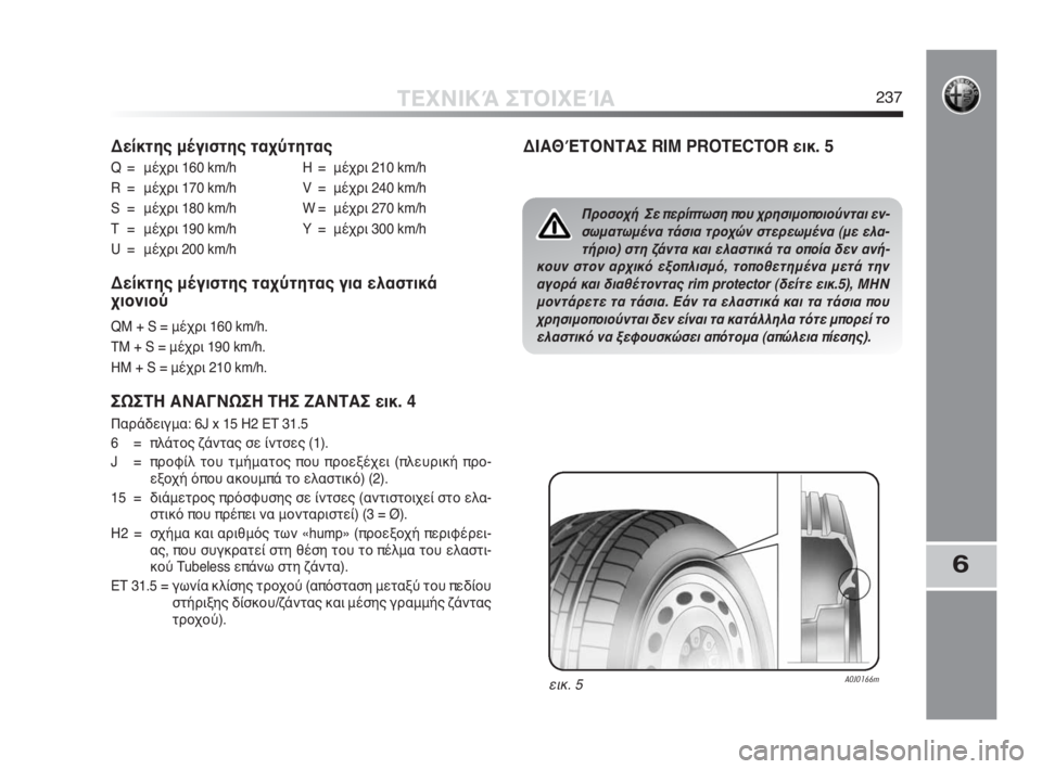 Alfa Romeo MiTo 2010 ΒΙΒΛΙΟ ΧΡΗΣΗΣ ΚΑΙ ΣΥΝΤΗΡΗΣΗΣ (in Greek) 6
ΤΕΧΝΙΚΆ ΣΤΟΙΧΕΊΑ237
Δείκτης μέγιστης ταχύτητας
Q = μέχρι 160 km/h H = μέχρι 210 km/h
R = μέχρι 170 km/h V = μέχρι 240 km/h
S = μέχρι 1 Alfa Romeo MiTo 2010 ΒΙΒΛΙΟ ΧΡΗΣΗΣ ΚΑΙ ΣΥΝΤΗΡΗΣΗΣ (in Greek) 6
ΤΕΧΝΙΚΆ ΣΤΟΙΧΕΊΑ237
Δείκτης μέγιστης ταχύτητας
Q = μέχρι 160 km/h H = μέχρι 210 km/h
R = μέχρι 170 km/h V = μέχρι 240 km/h
S = μέχρι 1