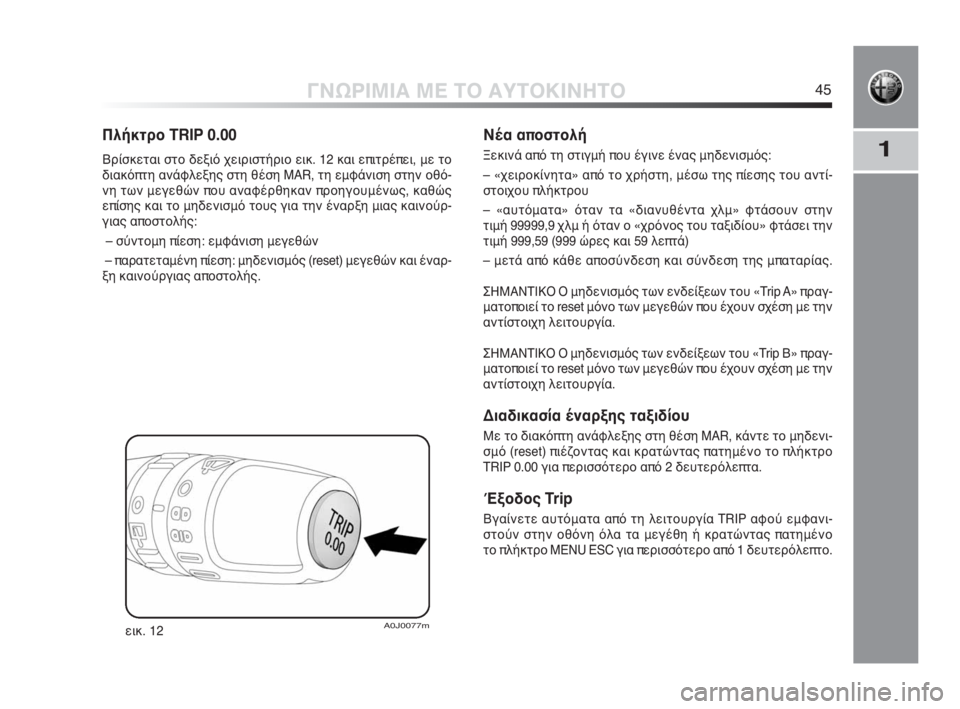 Alfa Romeo MiTo 2010 ΒΙΒΛΙΟ ΧΡΗΣΗΣ ΚΑΙ ΣΥΝΤΗΡΗΣΗΣ (in Greek) 1
ΓΝΩΡΙΜΙΑ ΜΕ ΤΟ ΑΥΤΟΚΙΝΗΤΟ45
Πλήκτρο TRIP 0.00
Βρίσκεται στο δεξιό χειριστήριο εικ. 12 και επιτρέπει, με το
διακόπτ Alfa Romeo MiTo 2010 ΒΙΒΛΙΟ ΧΡΗΣΗΣ ΚΑΙ ΣΥΝΤΗΡΗΣΗΣ (in Greek) 1
ΓΝΩΡΙΜΙΑ ΜΕ ΤΟ ΑΥΤΟΚΙΝΗΤΟ45
Πλήκτρο TRIP 0.00
Βρίσκεται στο δεξιό χειριστήριο εικ. 12 και επιτρέπει, με το
διακόπτ