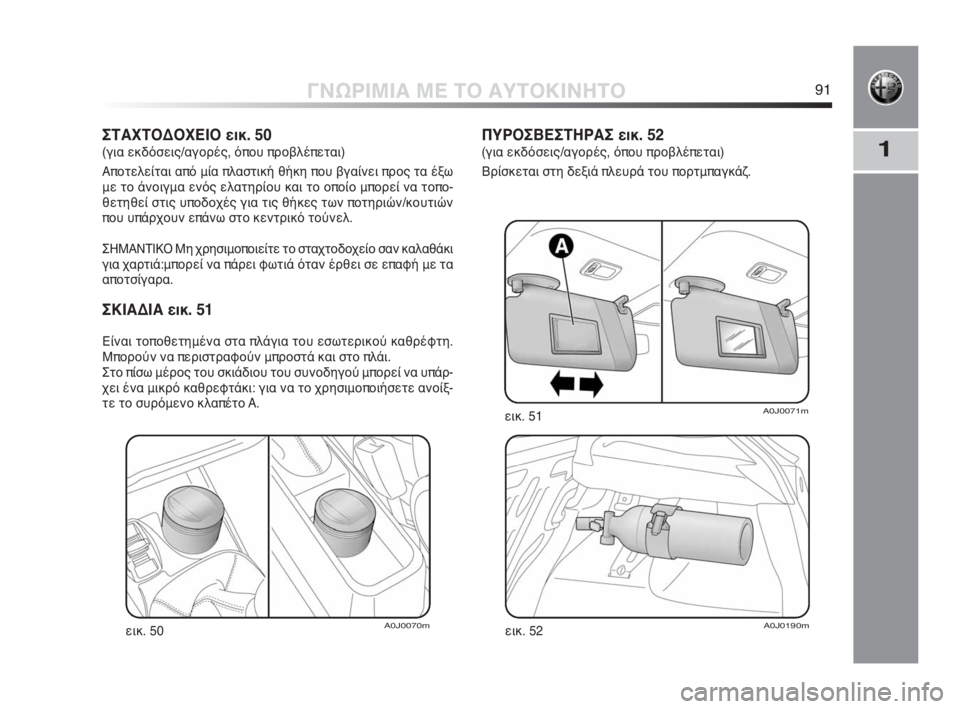 Alfa Romeo MiTo 2010  ΒΙΒΛΙΟ ΧΡΗΣΗΣ ΚΑΙ ΣΥΝΤΗΡΗΣΗΣ (in Greek) 1
ΓΝΩΡΙΜΙΑ ΜΕ ΤΟ ΑΥΤΟΚΙΝΗΤΟ91
ΣΤΑΧΤΟΔΟΧΕΙΟ εικ. 50
(για εκδόσεις/αγορές, όπου προβλέπεται)
Αποτελείται από μία π