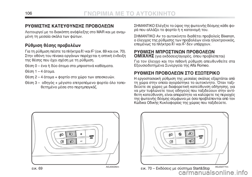 Alfa Romeo MiTo 2011  ΒΙΒΛΙΟ ΧΡΗΣΗΣ ΚΑΙ ΣΥΝΤΗΡΗΣΗΣ (in Greek) 106ΓΝΩΡΙΜΙΑ ΜΕ ΤΟ ΑΥΤΟΚΙΝΗΤΟ
ΡΥΘΜΙΣΤΗΣ ΚΑΤΕΥΘΥΝΣΗΣ ΠΡΟΒΟΛΕΩΝ
Λειτουργεί με το διακόπτη ανάφλεξης στο MAR και μ