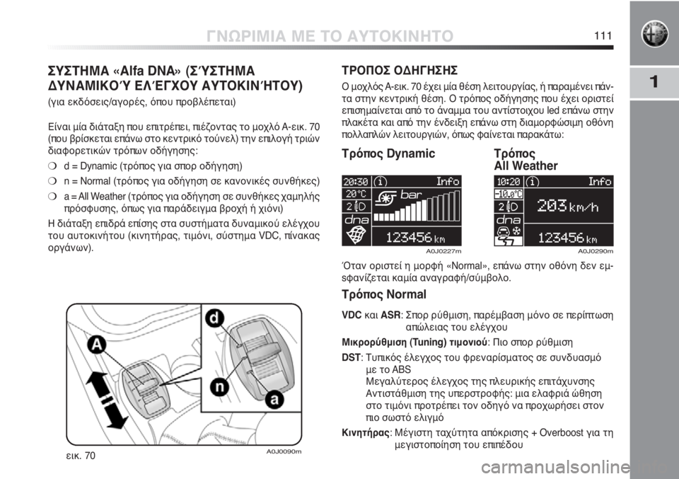 Alfa Romeo MiTo 2011  ΒΙΒΛΙΟ ΧΡΗΣΗΣ ΚΑΙ ΣΥΝΤΗΡΗΣΗΣ (in Greek) 1
ΓΝΩΡΙΜΙΑ ΜΕ ΤΟ ΑΥΤΟΚΙΝΗΤΟ111
ΣΥΣΤΗΜΑ «Alfa DNA» (ΣΎΣΤΗΜΑ
ΔΥΝΑΜΙΚΟΎ ΕΛΈΓΧΟΥ ΑΥΤΟΚΙΝΉΤΟΥ) 
(για εκδόσεις/αγορές, όπ