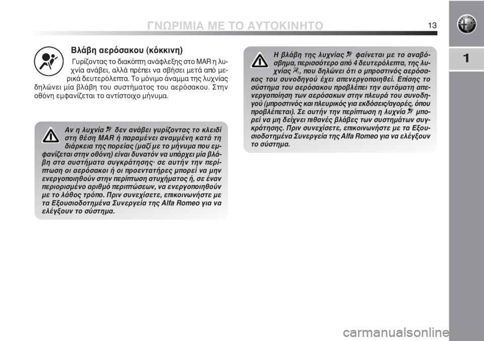 Alfa Romeo MiTo 2011  ΒΙΒΛΙΟ ΧΡΗΣΗΣ ΚΑΙ ΣΥΝΤΗΡΗΣΗΣ (in Greek) 1
ΓΝΩΡΙΜΙΑ ΜΕ ΤΟ ΑΥΤΟΚΙΝΗΤΟ13
Βλάβη αερόσακου (κόκκινη)
Γυρίζοντας το διακόπτη ανάφλεξης στο MAR η λυ-
χνία ανάβε