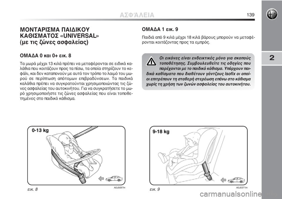 Alfa Romeo MiTo 2011  ΒΙΒΛΙΟ ΧΡΗΣΗΣ ΚΑΙ ΣΥΝΤΗΡΗΣΗΣ (in Greek) 2
ΜΟΝΤΑΡΙΣΜΑ ΠΑΙΔΙΚΟΥ 
ΚΑΘΙΣΜΑΤΟΣ «UNIVERSAL» 
(με τις ζώνες ασφαλείας)
ΟΜΑΔΑ 0 και 0+ εικ. 8
Τα μωρά μέχρι 13 κιλά πρέπ