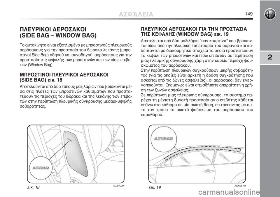Alfa Romeo MiTo 2011  ΒΙΒΛΙΟ ΧΡΗΣΗΣ ΚΑΙ ΣΥΝΤΗΡΗΣΗΣ (in Greek) 2
ΠΛΕΥΡΙΚΟΙ ΑΕΡΟΣΑΚΟΙ 
(SIDE BAG – WINDOW BAG)
Το αυτοκίνητο είναι εξοπλισμένο με μπροστινούς πλευρικούς
αερόσακους γ